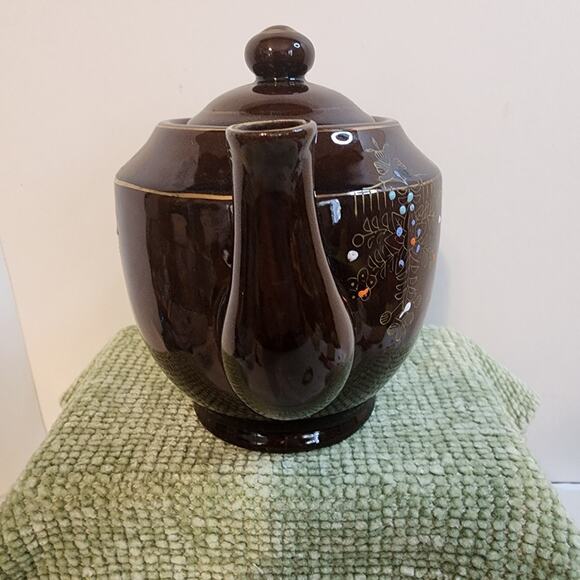 Vintage Japan Brown Teapot Hand Painted Gold Floral Enamel Dot 6in Midcentury - Picture 2 of 10